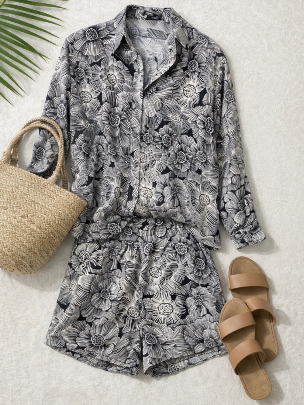 Express Black & White Floral Button-Up Top and Shorts Set